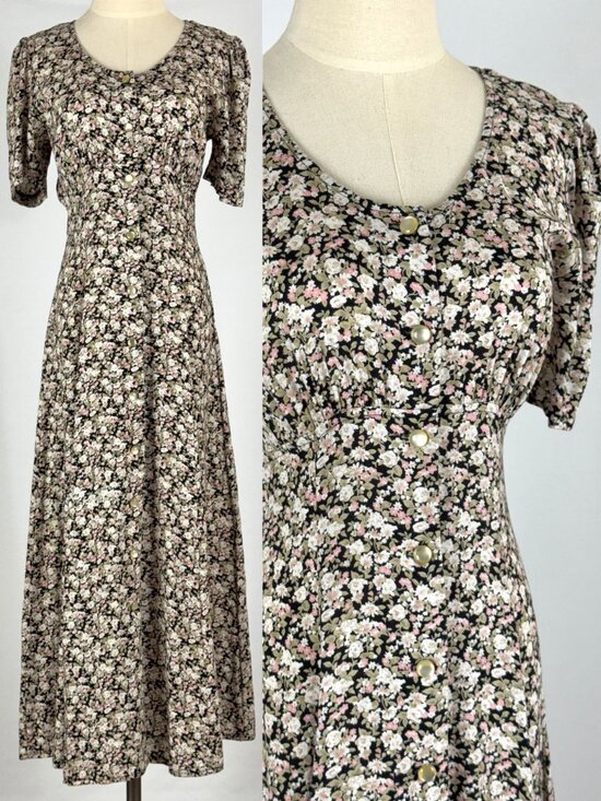 All that Jazz Dresses & Skirts - Vtg 90s All That Jazz Black Floral Rayon Button Front Maxi Dress Babydoll Grunge